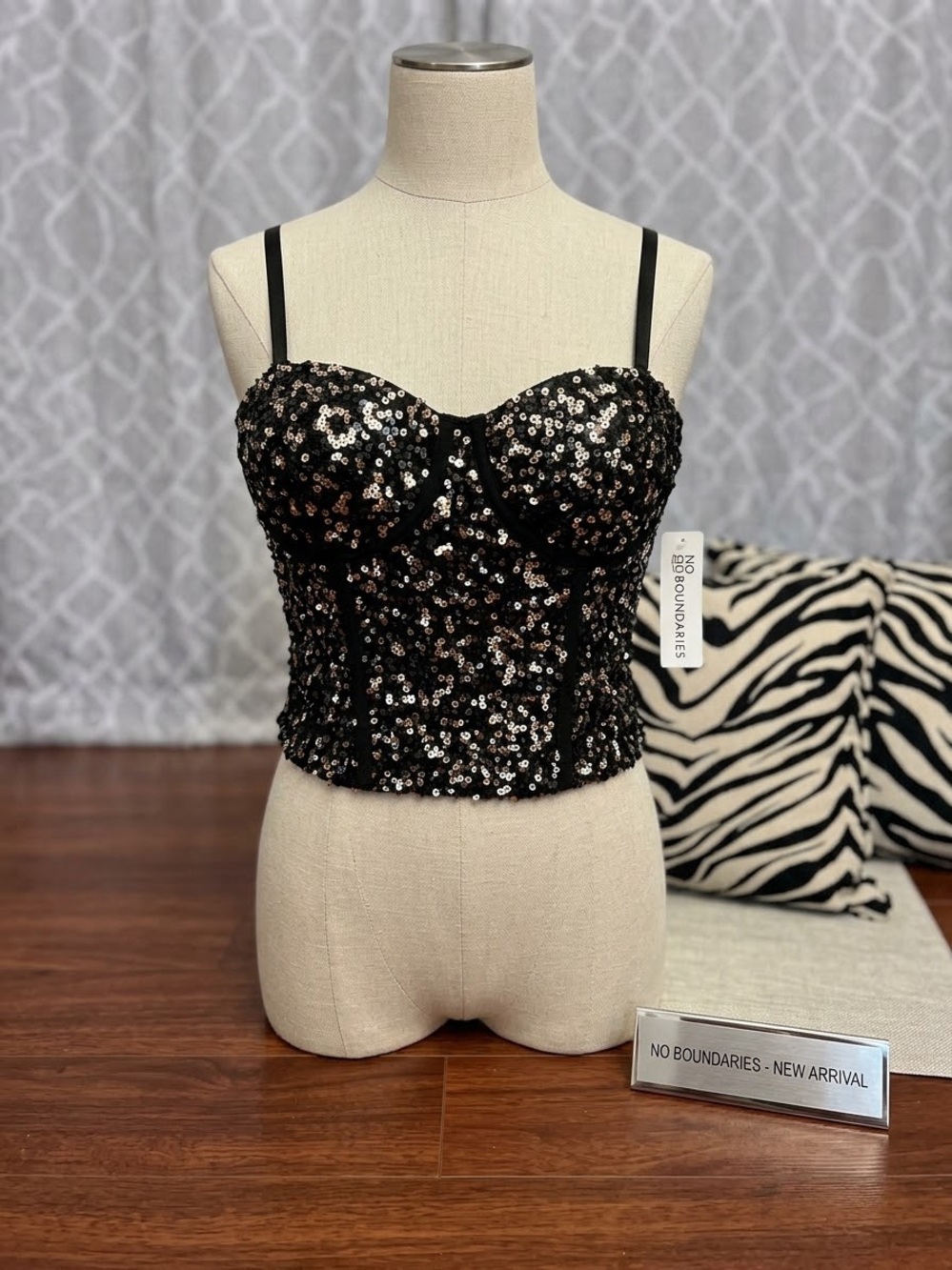 No Boundaries Black Sequin Bustier Crop Top with Adjustable Straps